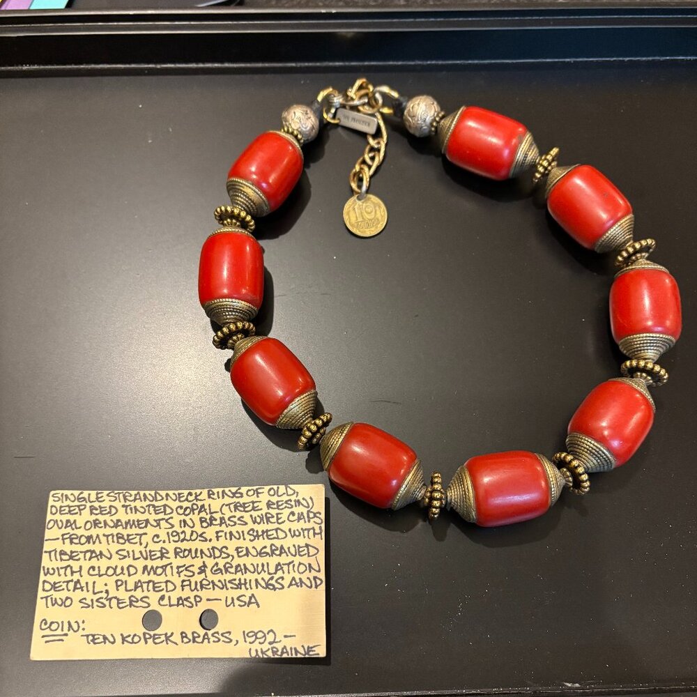 Vintage Artisan Masha Archer Signed with Copal and Brass Necklace, 21 inches